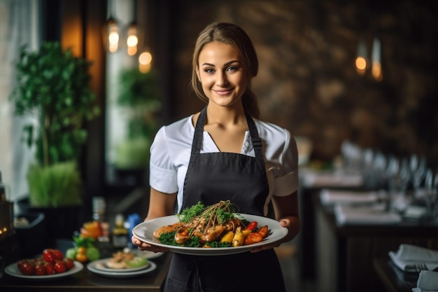 Grembiule donna che tiene in casa cameriere sorriso cibo lavoro ristorante ritratto in piedi AI generativa