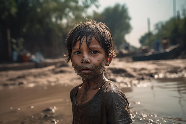 Grida e pianto bambino nella sporcizia in piedi nel fiume inquinato Generativo Ai