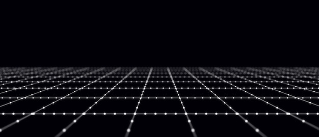 Griglia astratta con luce bianca su sfondo nero sfondo scientifico con punti e linee in movimento tecnologia di connessione di rete struttura digitale con particelle rendering 3D