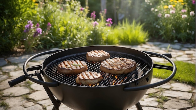 Griglia con bistecche e verdure in giardino