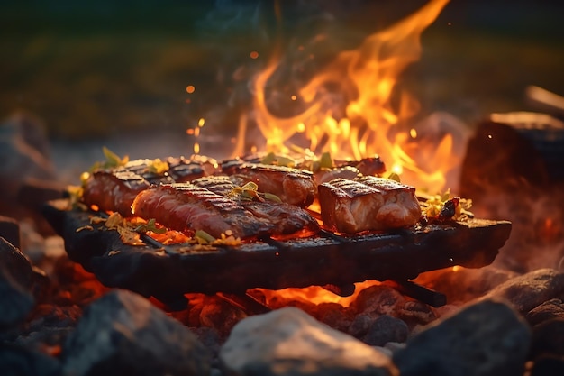 Griglia con bistecche sopra e un fuoco sullo sfondo