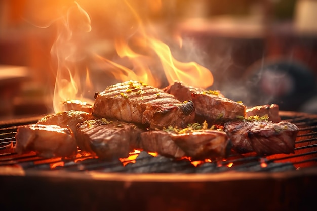 Griglia con carne sopra e fiamme sullo sfondo