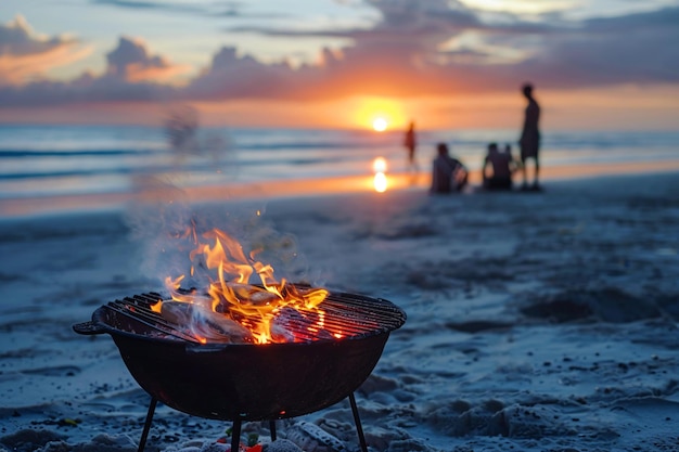 Griglia con la fiamma sulla spiaggia al tramonto