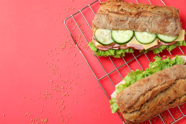 Griglia da forno con panini ciabatta su sfondo rosso