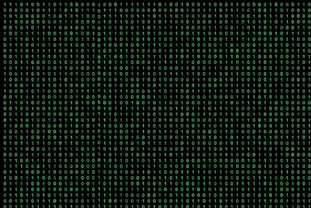 Griglia di codice binario da cifre verde brillante su sfondo nero stile matrice
