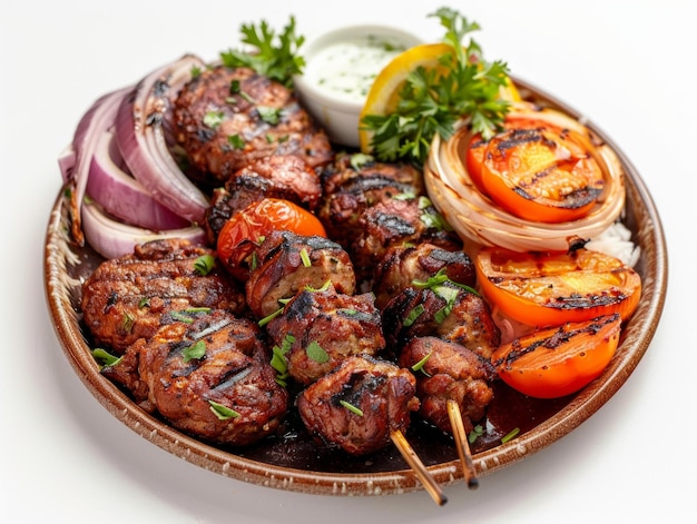 Griglia mista araba con kofta kebab e pollo alla griglia isolato su sfondo bianco