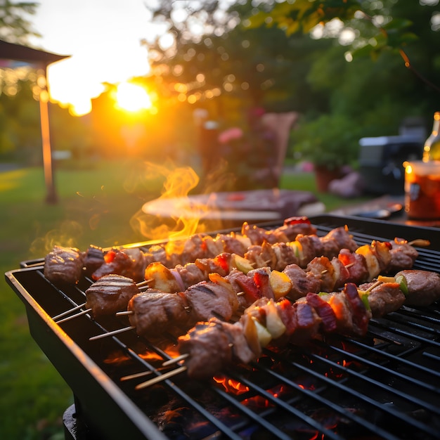 Griglia per barbecue all'aperto salsicce di manzo arrosto estate tramonto divertente festa della birra per le vacanze