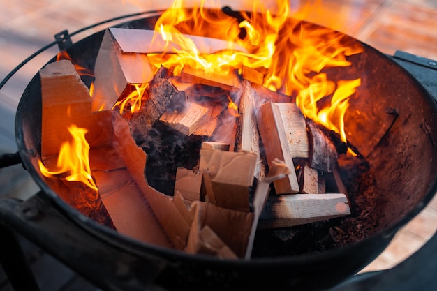 Griglia per barbecue con fuoco all'aperto da vicino