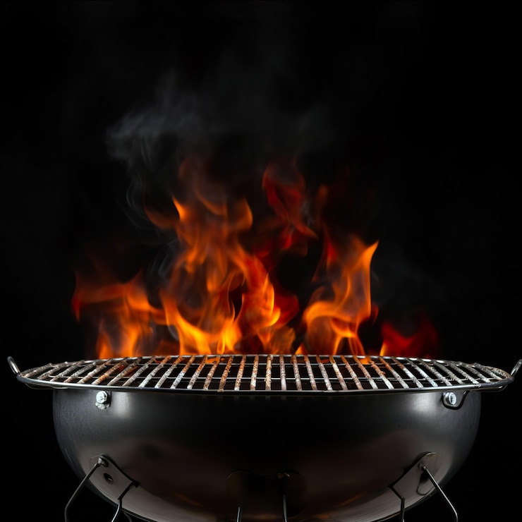 Foto griglia per barbecue portatile vuota calda con fuoco ardente e carbone di legna su sfondo nero