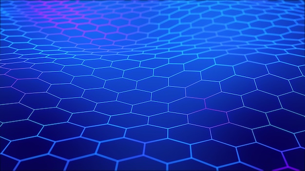 Griglia tecnologica di esagoni su sfondo blu Wireframe esagonale di colore sfumato viola blu incandescente Animazione in loop senza soluzione di continuità