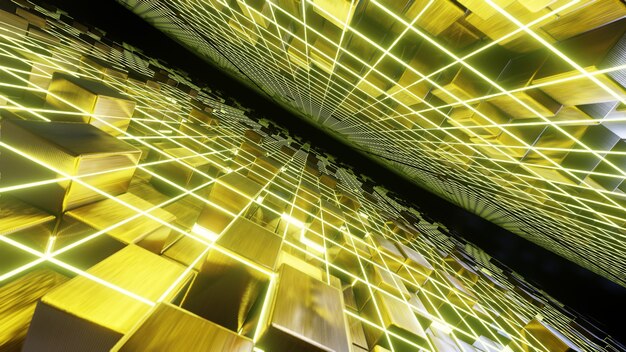 Griglia volante su sfondo cubo d'oro per la pubblicità nella scena della festa di lusso e alla moda