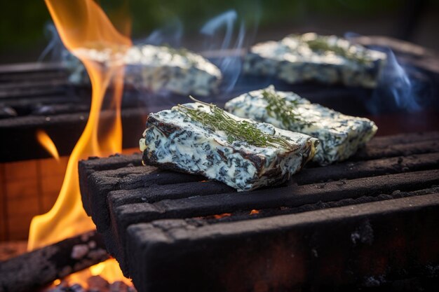 Grigliare formaggio blu su una tavola di cedro con barbecue al carbone