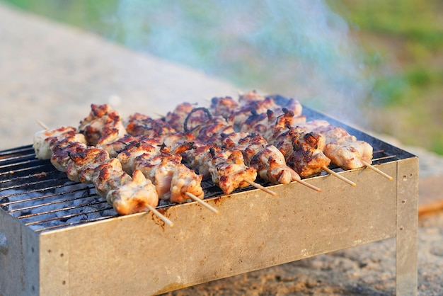 Grigliare gli shashlik su una griglia a carbone affumicata