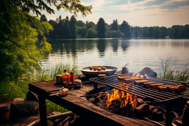 Grigliata sul lago Campeggio estivo AI generato