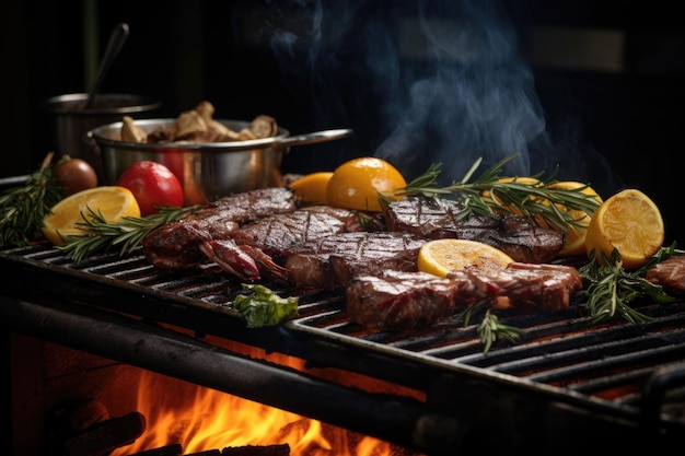 Grill a carbone con bistecche frizzanti e fumo