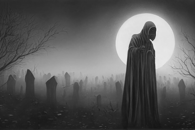 Grim reaper che raccoglie anime di notte Concetto di festival di Halloween Arte digitale