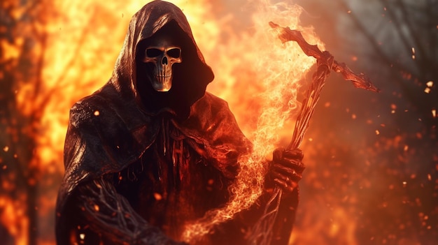 Grim reaper con sfondo di illustrazione del disegno del fuoco