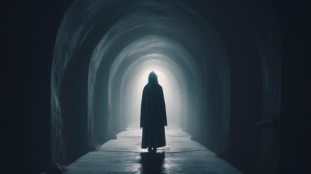 Grim reaper in piedi in un tunnel buio