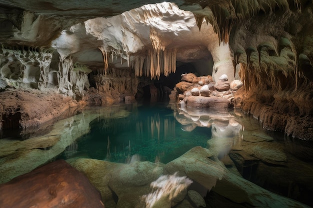 Grotta con pozza d'acqua cristallina circondata da formazioni speleologiche create con intelligenza artificiale generativa