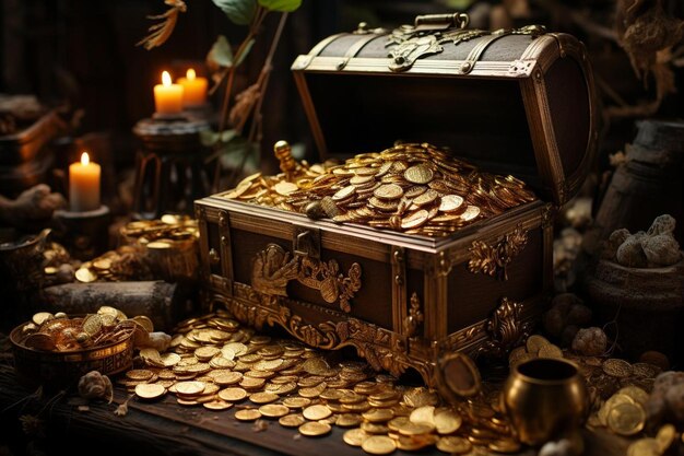 Grotta del tesoro con monete d'oro nel petto e barile di legno