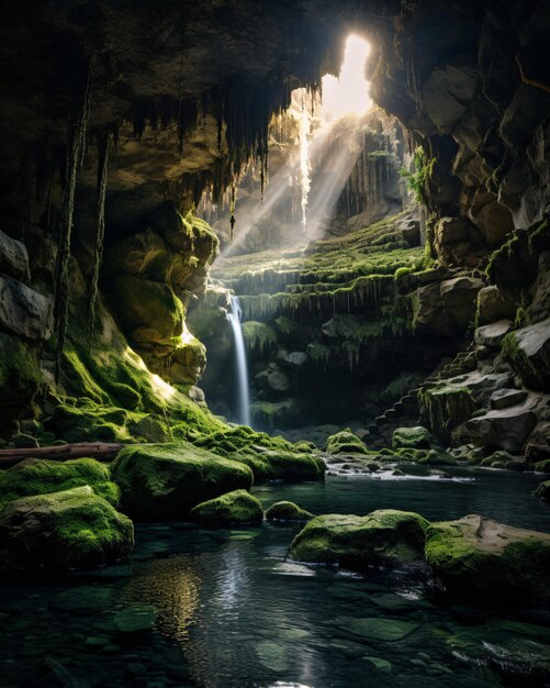 Grotta di cristalli colorati all'interno delle cascate di montagna cristalli di raggi di sole piante di muschio flora