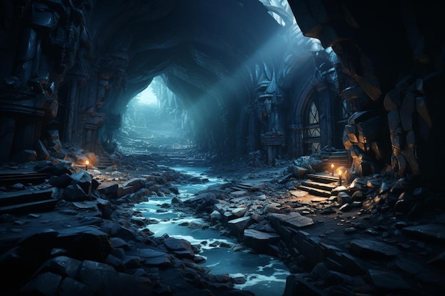 Grotta rocciosa scura con acqua e cristalli blu.