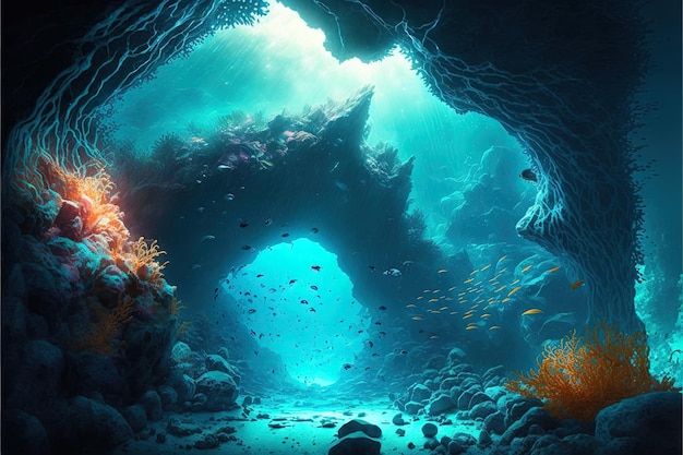 Grotta sottomarina nel fantastico mondo sottomarino Illustrazione digitale AI