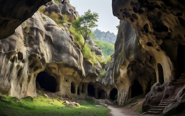 Grotte delle meraviglie nascoste all'interno di montagne maestose IA generativa