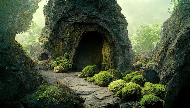Grotte profonde mistiche nella vecchia strada di montagna e roccia nella foresta