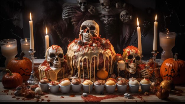 grottesco gelato di halloween terrore culinario con teschi zucche candele Ai Generato