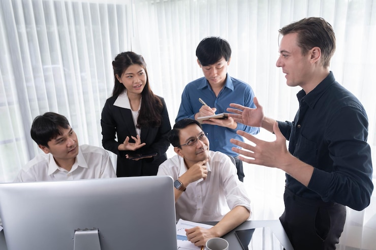 Photo group of diverse office worker employee working together prudent