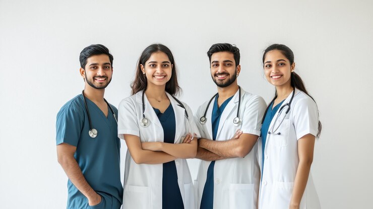 Group of four healthcare professionals in scrubs smiling together indoors at a modern hospital setting
