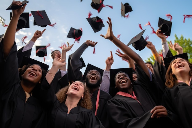 group of graduates throwing square academic cap to the sky