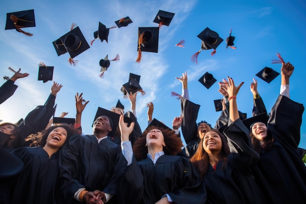 group of graduates throwing square academic cap to the sky