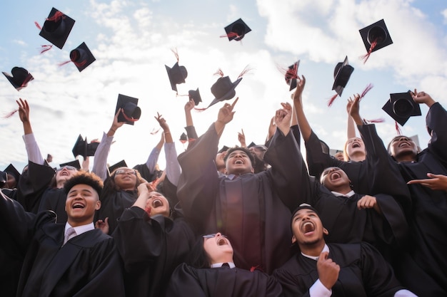 group of graduates throwing square academic cap to the sky
