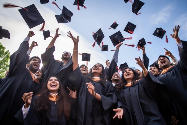 group of graduates throwing square academic cap to the sky