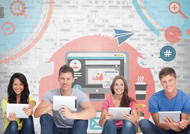 group of people on tablets in front of internet graphics