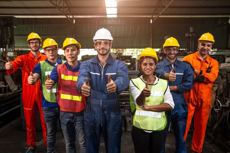 Group of Team Worker mix race  enjoy working in heavy factory standing together smiling happy hand show thumbs up