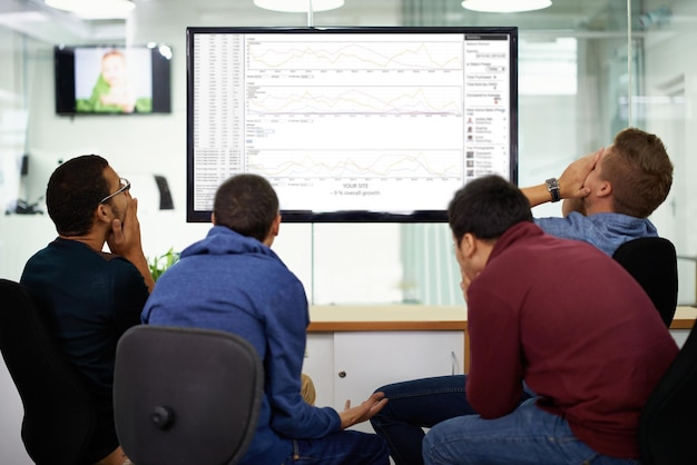 group stress and men on computer in office reading coding data information or research frustrated technology and team of male programmers working on project with crisis on computer in workplace