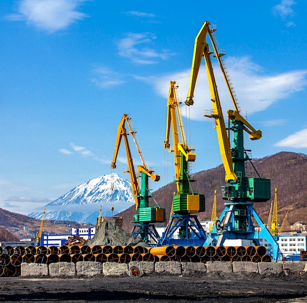 Gru al cantiere di demolizione nel porto di Kamchatka