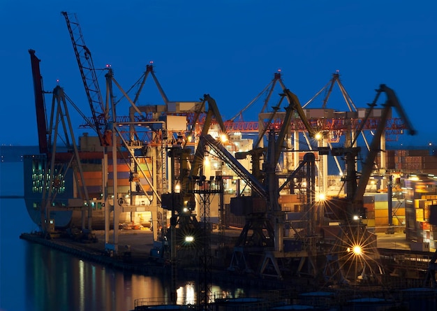 Gru al terminal del porto per container all'ora del tramonto