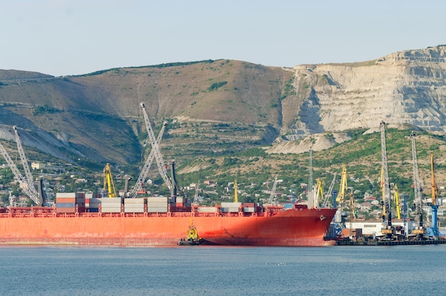 Gru che scaricano la nave portacontainer al molo commerciale Novorossiysk Russia