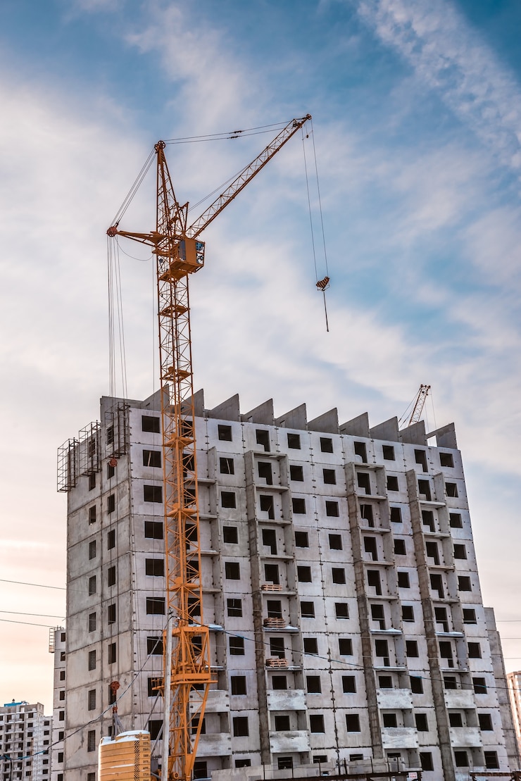 Gru e cantiere edile contro il cielo blu.