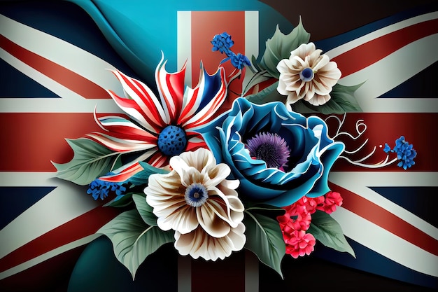 Grunge bandiera della Gran Bretagna con fiori di campo in legno texture di sfondo per il design e il testo Generativo Ai