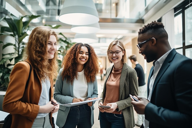 Gruppi eterogenei di giovani studenti insieme in un'università moderna Comunità giovanile e concetto di amicizia