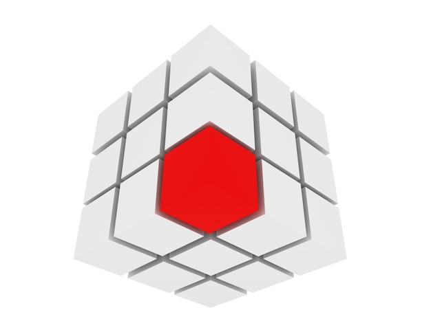 Gruppo 3D di cubi con quello rosso isolato su bianco.