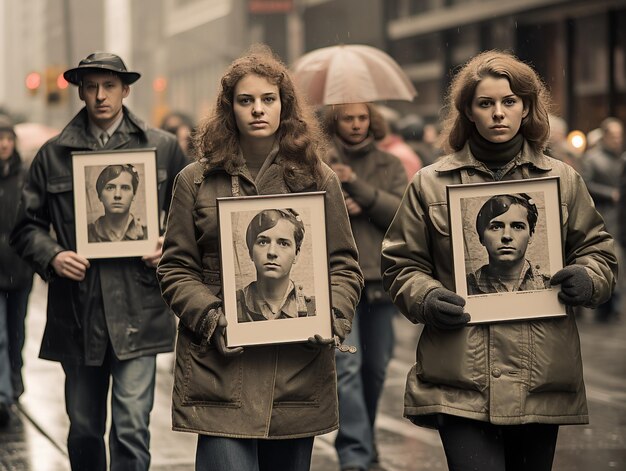 Gruppo che cammina per strada con le foto in mano