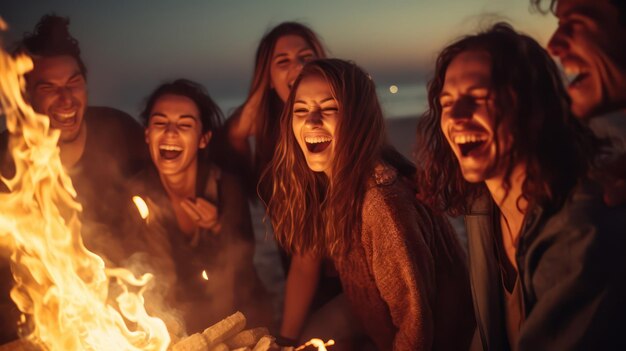 Gruppo che gode del falò sulla spiaggia