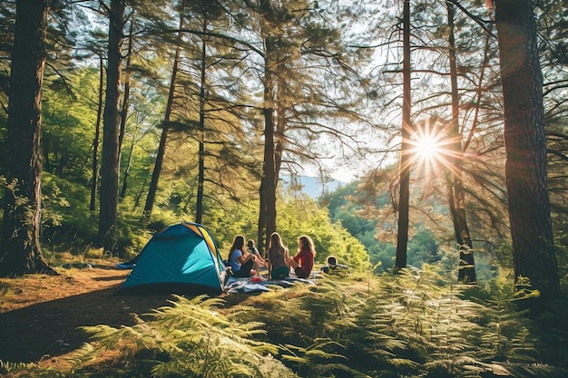 Gruppo di adolescenti che si accampano nella foresta