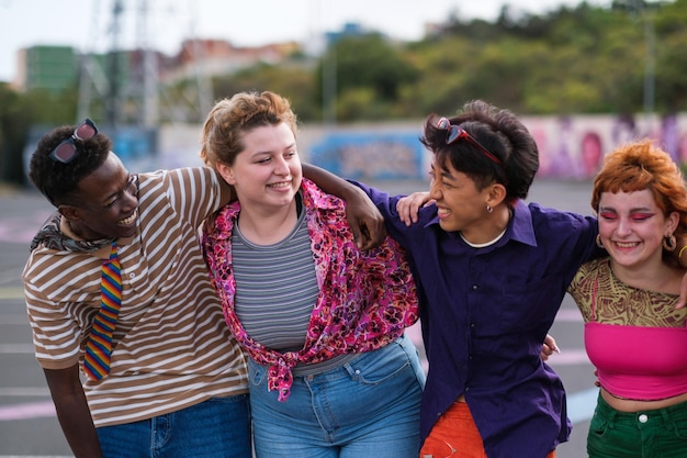 Gruppo di adolescenti di diverse etnie in colorato